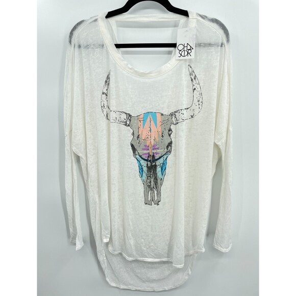 NWT CHASER New Mexico Skull Boho Burnout Slouchy Long Sleeve White Shirt Size M - Picture 3 of 7